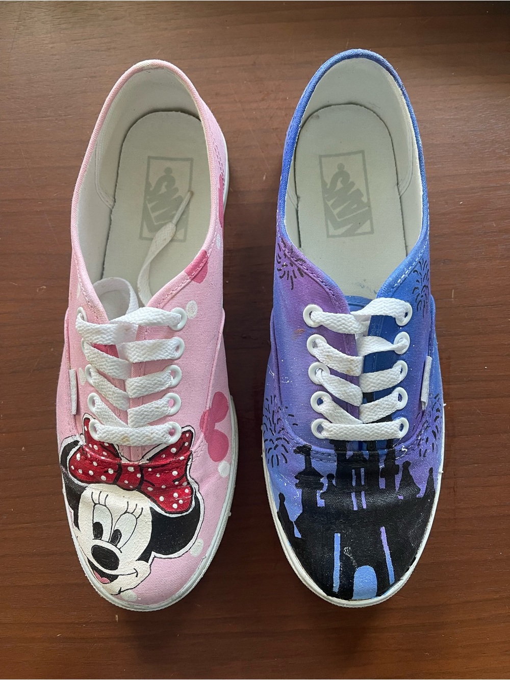 Custom Hand-Painted Disney Vans Sneakers Women's 8 Minnie Mouse Castle Fireworks
